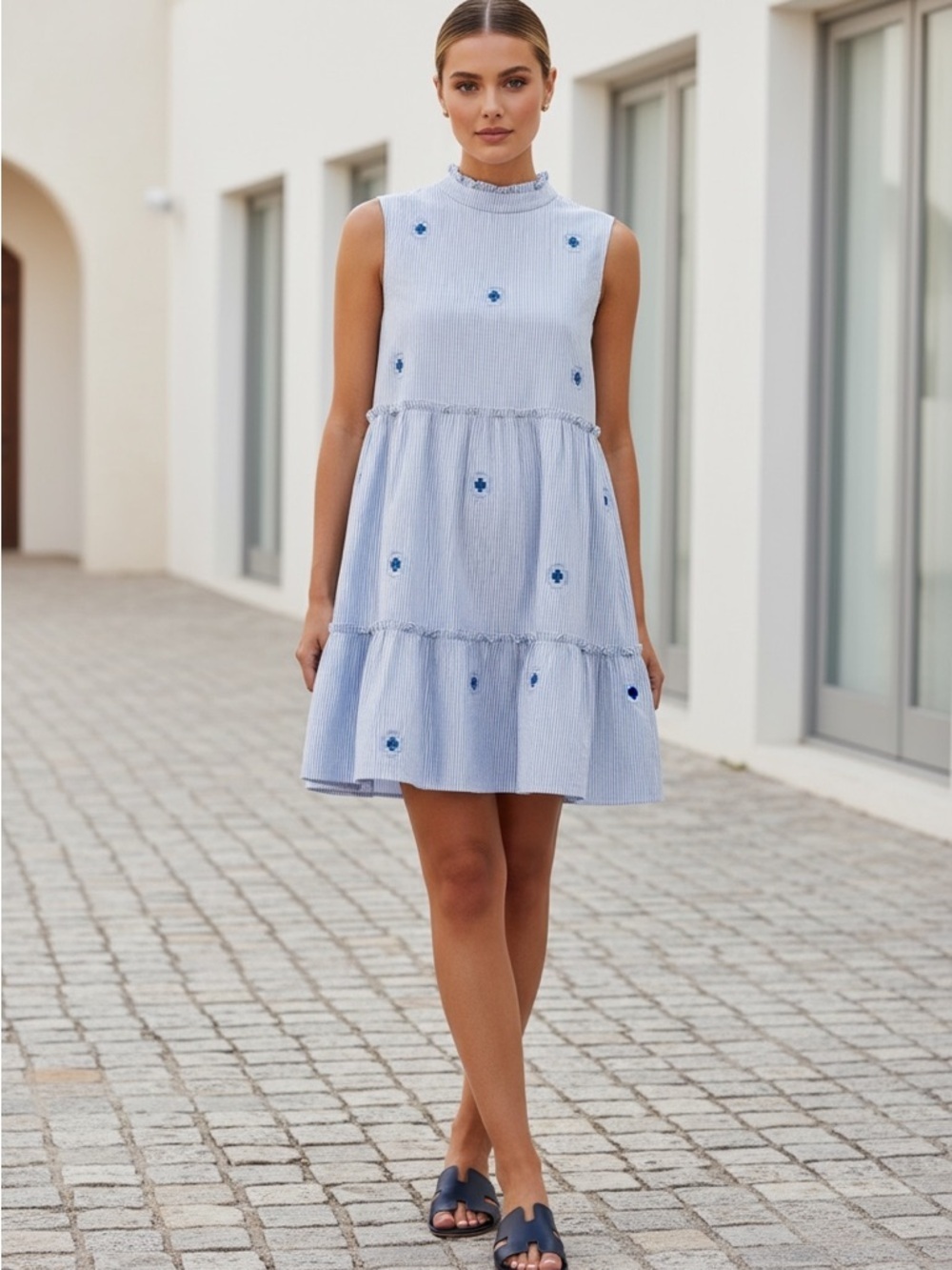 Sleeveless Blue Embroidered Mini Dress